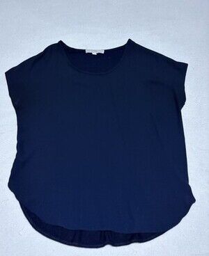 LOFT Navy Blue Mixed Media Cap Sleeve Blouse Women's Small Hi-Low Hem